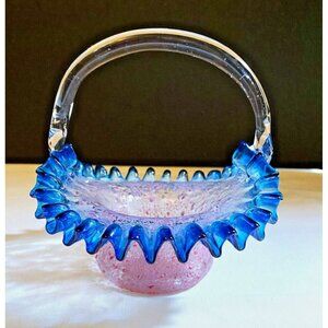 Vintage-Blue Edge w/ Pink Outside Speckled Coating Ruffled Glass Basket
